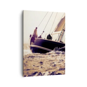 Impression sur toile - Image sur toile - Un yacht sur une mer agitée à la lumière du soleil couchant - 50x70cm - Navigue, marin - Décoration murale moderne pour le salon et la chambre ARTTOR