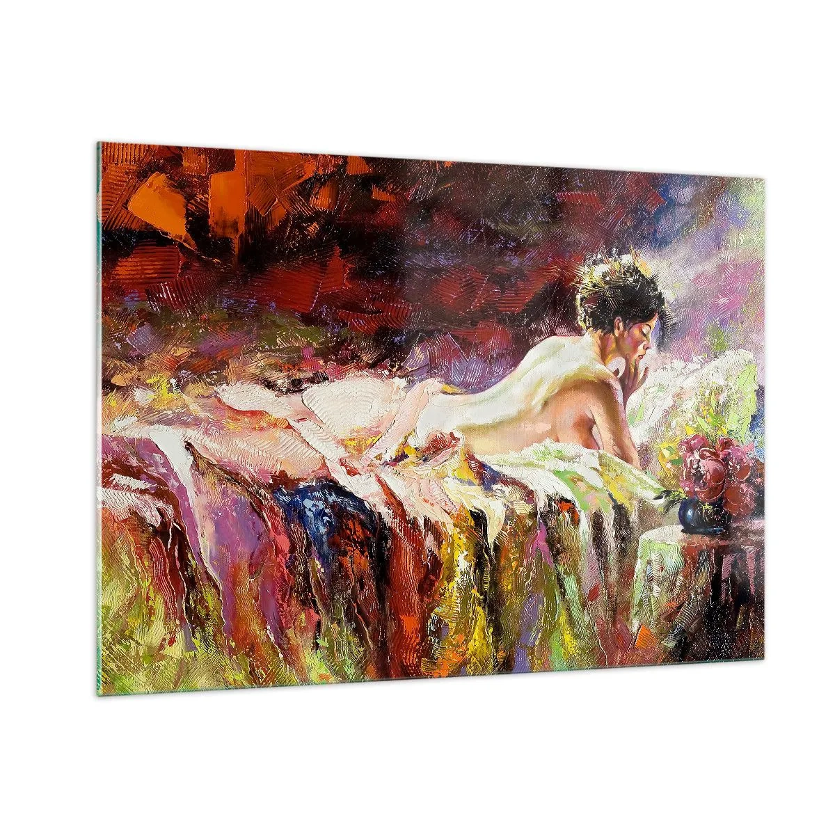 Impression sur verre - Image sur verre - Nu féminin impressionniste sur tissu coloré - 100x70cm - Vénus en pensée - Décoration murale moderne pour le salon et la chambre ARTTOR