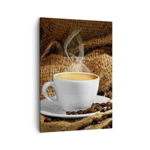 Impression sur toile - Image sur toile - Une tasse de café entourée d'un sac de grains de café - 50x70cm - L'odeur du moka et la densité du miel liquide - Décoration murale moderne pour le salon et la chambre ARTTOR