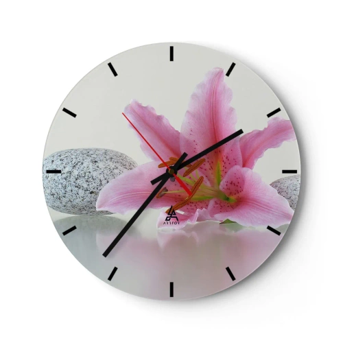 Horloge murale - Pendule murale - Un lys rose sur un fond de pierres lisses dans un arrangement lumineux - 30x30cm - Étude de rose, gris et blanc - Décoration murale moderne pour le salon, la cuisine et la chambre ARTTOR