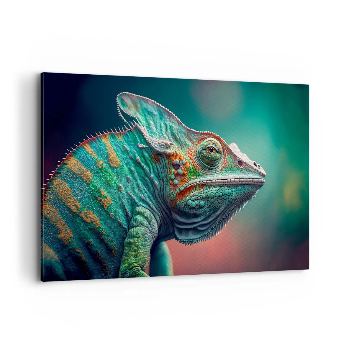 Impression sur toile - Image sur toile - Gros plan d'un caméléon aux couleurs intenses - 120x80cm - Vous me voyez? Pas bien… - Décoration murale moderne pour le salon et la chambre ARTTOR