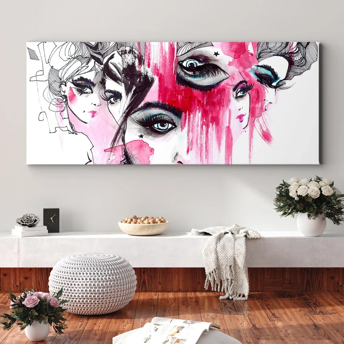 Impression sur toile - Image sur toile - Visage abstrait dans les tons de rose et de noir - 120x50cm - Yeux abstraits - Décoration murale moderne pour le salon et la chambre ARTTOR