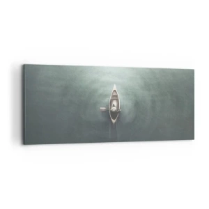 Impression sur toile - Image sur toile - Un bateau solitaire sur une eau calme dans un décor minimaliste - 120x50cm - À travers le lac de la lune - Décoration murale moderne pour le salon et la chambre ARTTOR