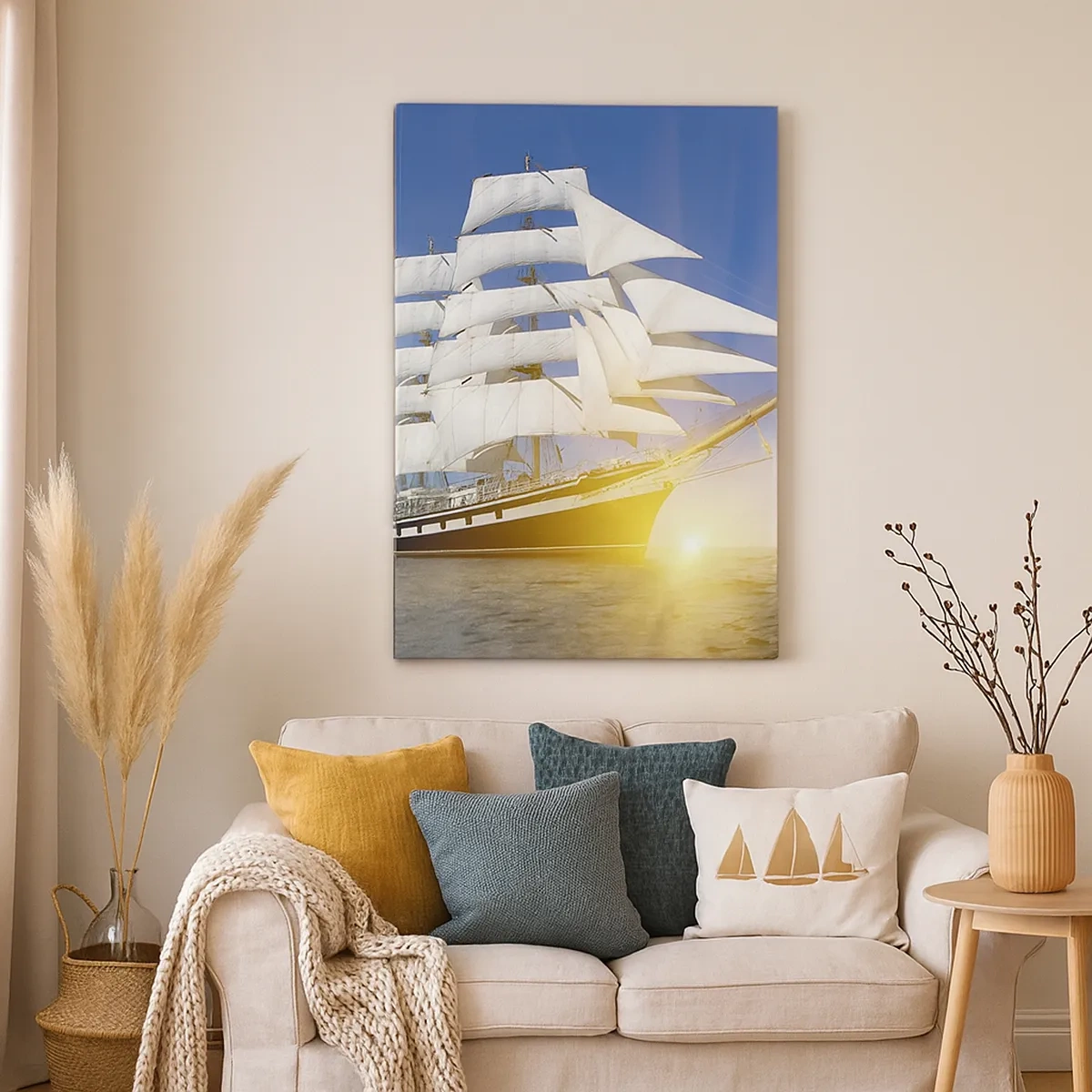 Impression sur toile - Image sur toile - Un voilier en mer à la lumière du soleil couchant - 50x70cm - Leur temps ne passera jamais - Décoration murale moderne pour le salon et la chambre ARTTOR