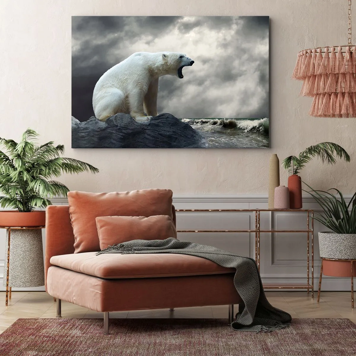 Impression sur toile - Image sur toile - Un ours polaire sur les rochers au-dessus d'une mer agitée - 100x70cm - Roi solitaire de l'Arctique - Décoration murale moderne pour le salon et la chambre ARTTOR