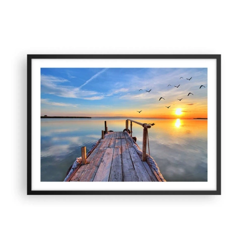 Affiche dans un cadre noir - Poster - Jetée en bois au coucher du soleil sur un lac calme - 70x50cm - Marcher droit vers le soleil - Décoration murale moderne pour le salon et la chambre ARTTOR
