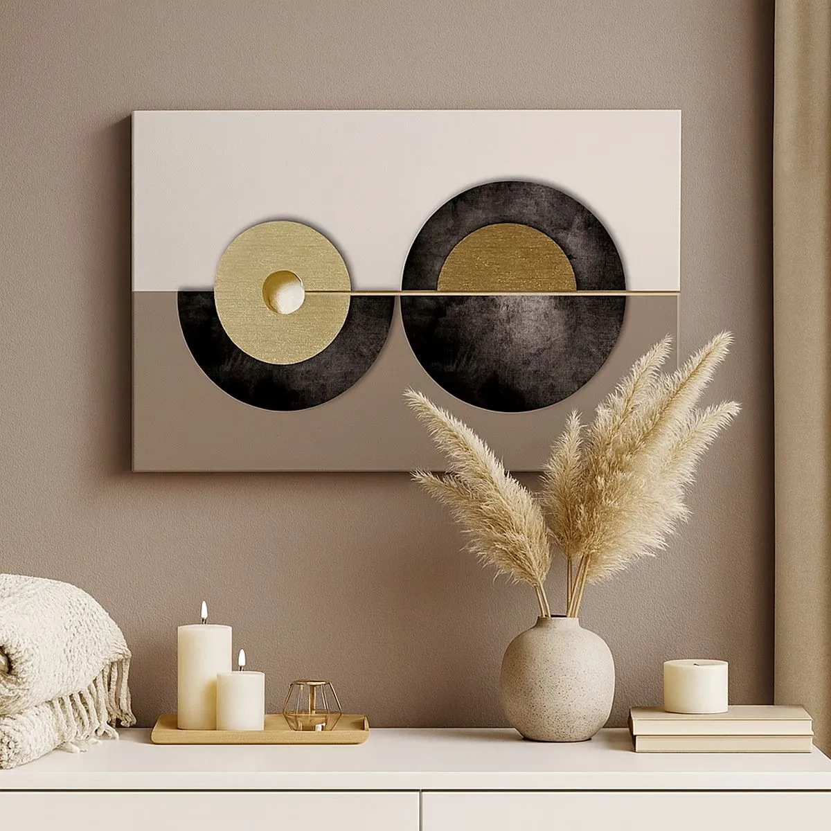 Impression sur toile - Image sur toile - Cercles abstraits dans des tons d'or et de marron - 70x50cm - Variations autour du cercle - Décoration murale moderne pour le salon et la chambre ARTTOR