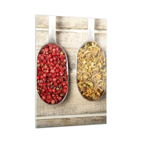 Impression sur verre - Image sur verre - Trois cuillères à épices sur un fond en bois rustique - 50x70cm - Magie de la cuisine - Décoration murale moderne pour le salon et la chambre ARTTOR