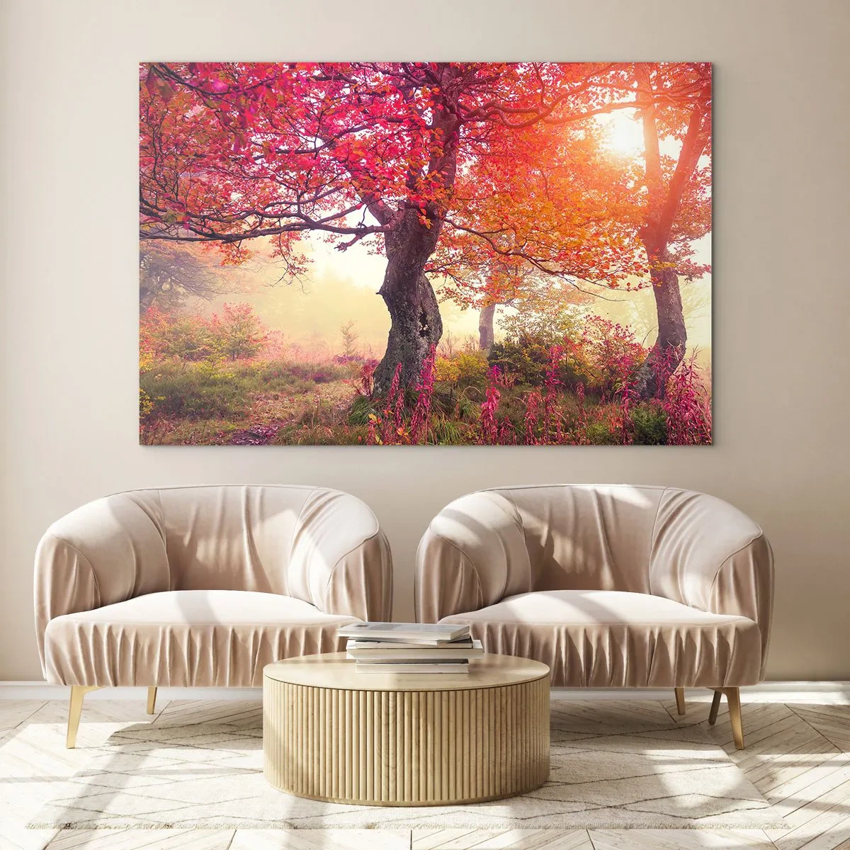 Impression sur verre - Image sur verre - Forêt d'automne avec des rayons de soleil le matin - 120x80cm - Frénésie de floraison - Décoration murale moderne pour le salon et la chambre ARTTOR