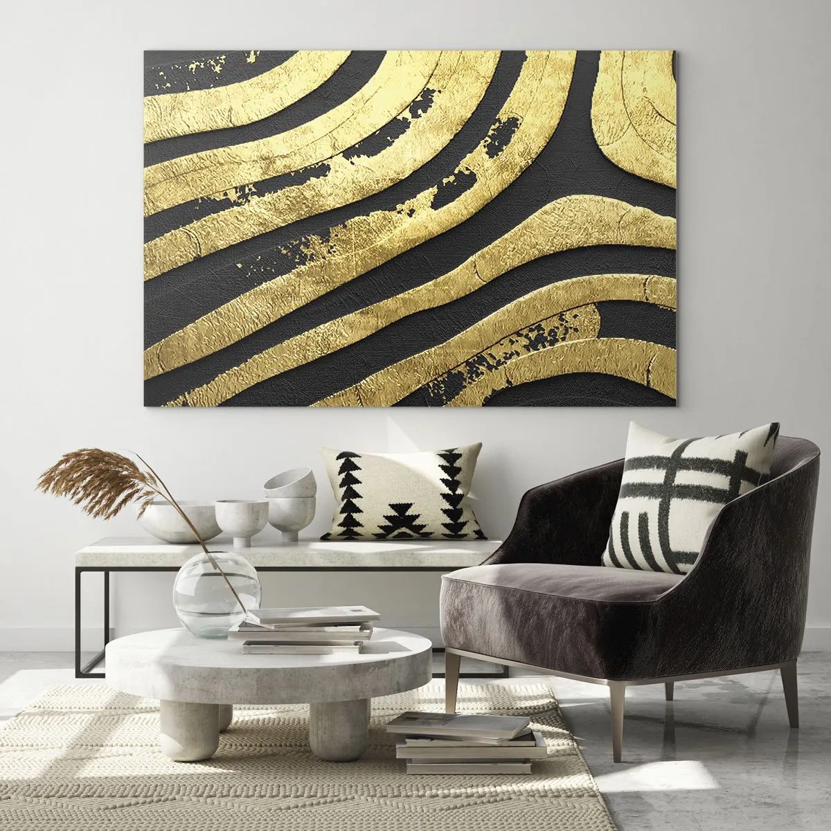 Impression sur verre - Image sur verre - Lignes abstraites dorées sur fond noir dans un style glamour - 100x70cm - Tout coule - Décoration murale moderne pour le salon et la chambre ARTTOR