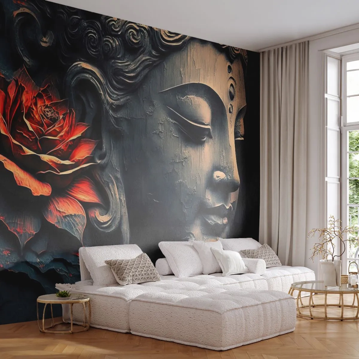 Papier Peint Photo Premium Canvas - Sculpture de Bouddha avec une fleur de lotus rouge - 100x70cm - En harmonie avec le monde - Décoration murale moderne pour le salon et la chambre ARTTOR