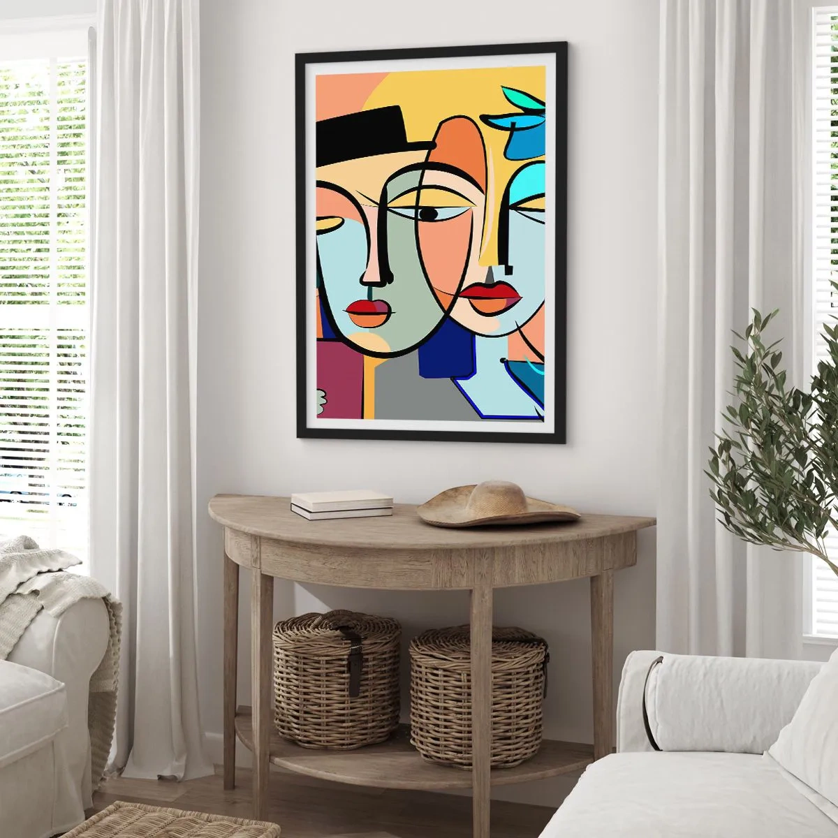 Affiche dans un cadre noir - Poster - Composition abstraite colorée de visages dans un style cubiste - 50x70cm - Le Rendez-vous de Picasso - Décoration murale moderne pour le salon et la chambre ARTTOR