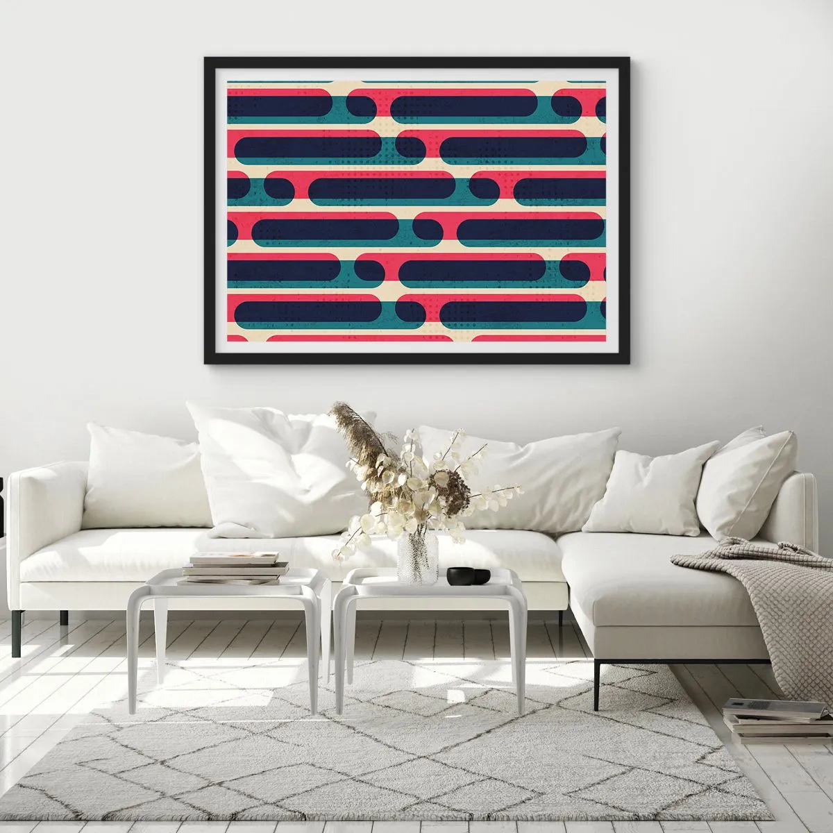 Affiche dans un cadre noir - Poster - Motif géométrique rétro aux couleurs pastel - 100x70cm - En profondeur et sur l'avant - Décoration murale moderne pour le salon et la chambre ARTTOR