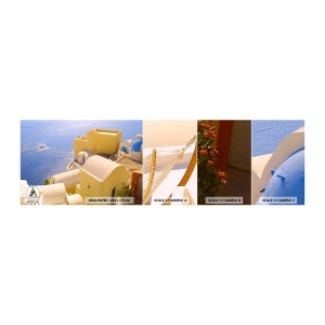 Échantillon de Papier Peint Autocollant Deluxe Sticker - Paysage grec en blanc et bleu ciel - Paysage, Santorin, Grèce - 100x30 cm