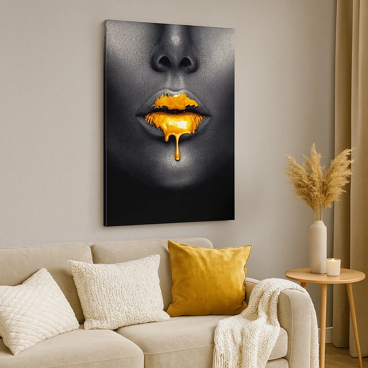 Impression sur toile - Image sur toile - Portrait noir et or d'une femme avec une goutte d'or sur les lèvres - 50x70cm - Bouche d'or - Décoration murale moderne pour le salon et la chambre ARTTOR