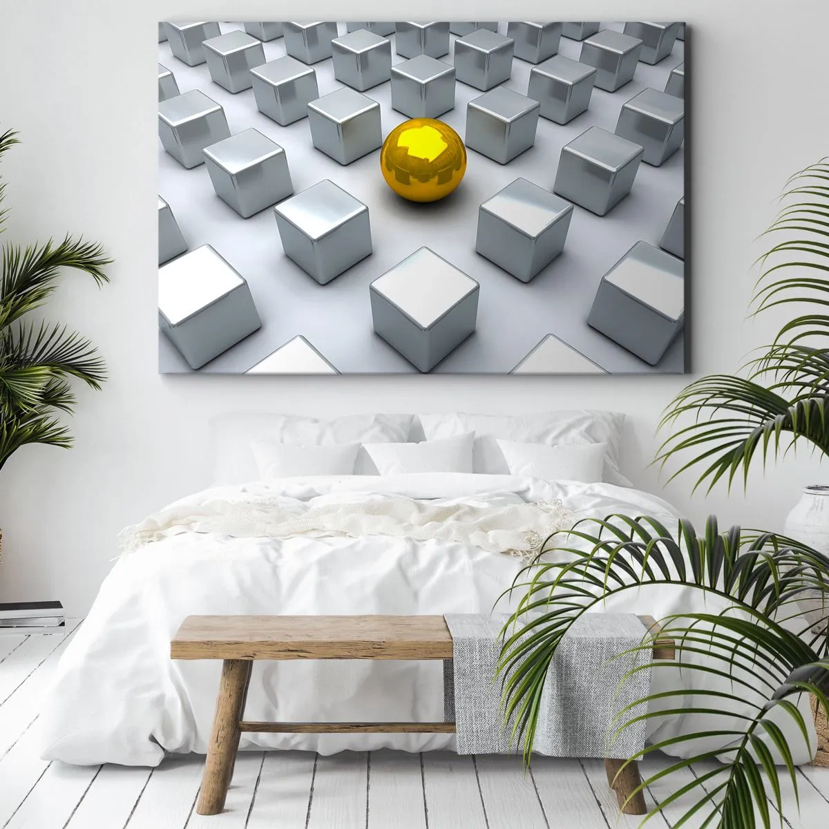 Impression sur toile - Image sur toile - Une sphère dorée se détachant parmi les cubes d'argent - 120x80cm - Pourquoi moi? Composition géométrique - Décoration murale moderne pour le salon et la chambre ARTTOR