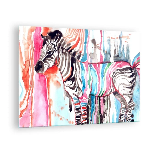 Impression sur verre - Image sur verre - Zèbre coloré dans un style aquarelle - 70x50cm - Blague insouciante de la nature - Décoration murale moderne pour le salon et la chambre ARTTOR