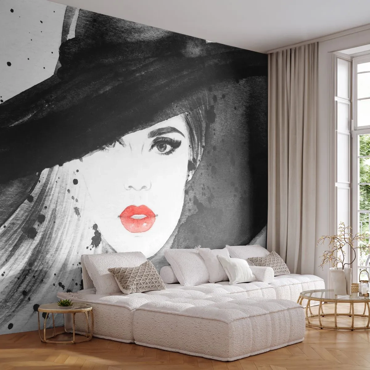 Papier Peint Photo Premium Canvas - Dame en noir - Femme, Visage de femme, Portrait d'une femme - 350x256 cm