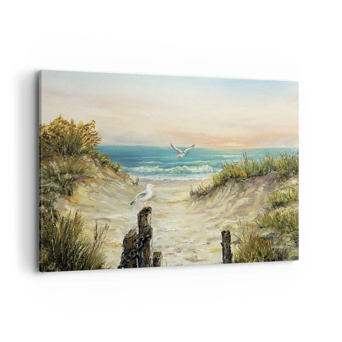 Impression sur toile - Image sur toile - Côte avec mouettes et dunes au coucher du soleil - 120x80cm - Retraite au calme - Décoration murale moderne pour le salon et la chambre ARTTOR