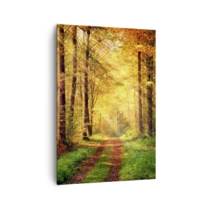 Impression sur toile - Image sur toile - Un chemin forestier entouré d'arbres dorés et verts - 70x100cm - Silence d'or en forêt - Décoration murale moderne pour le salon et la chambre ARTTOR