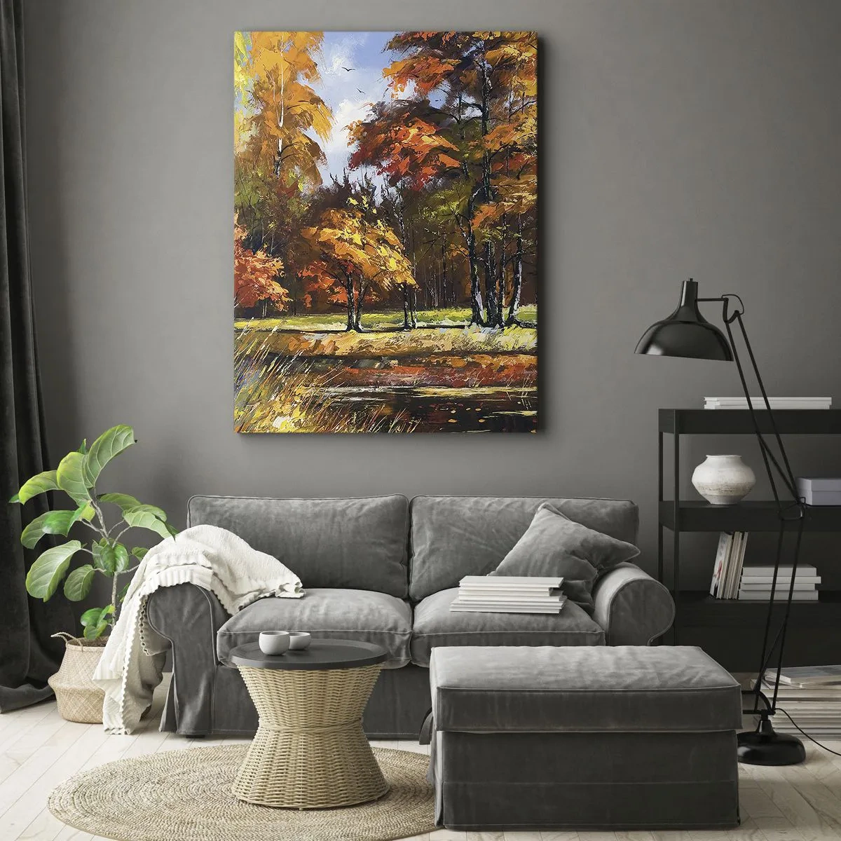Impression sur toile - Image sur toile - Paysage d'automne avec des arbres colorés et un étang - 50x70cm - Paysage en or et bronze - Décoration murale moderne pour le salon et la chambre ARTTOR