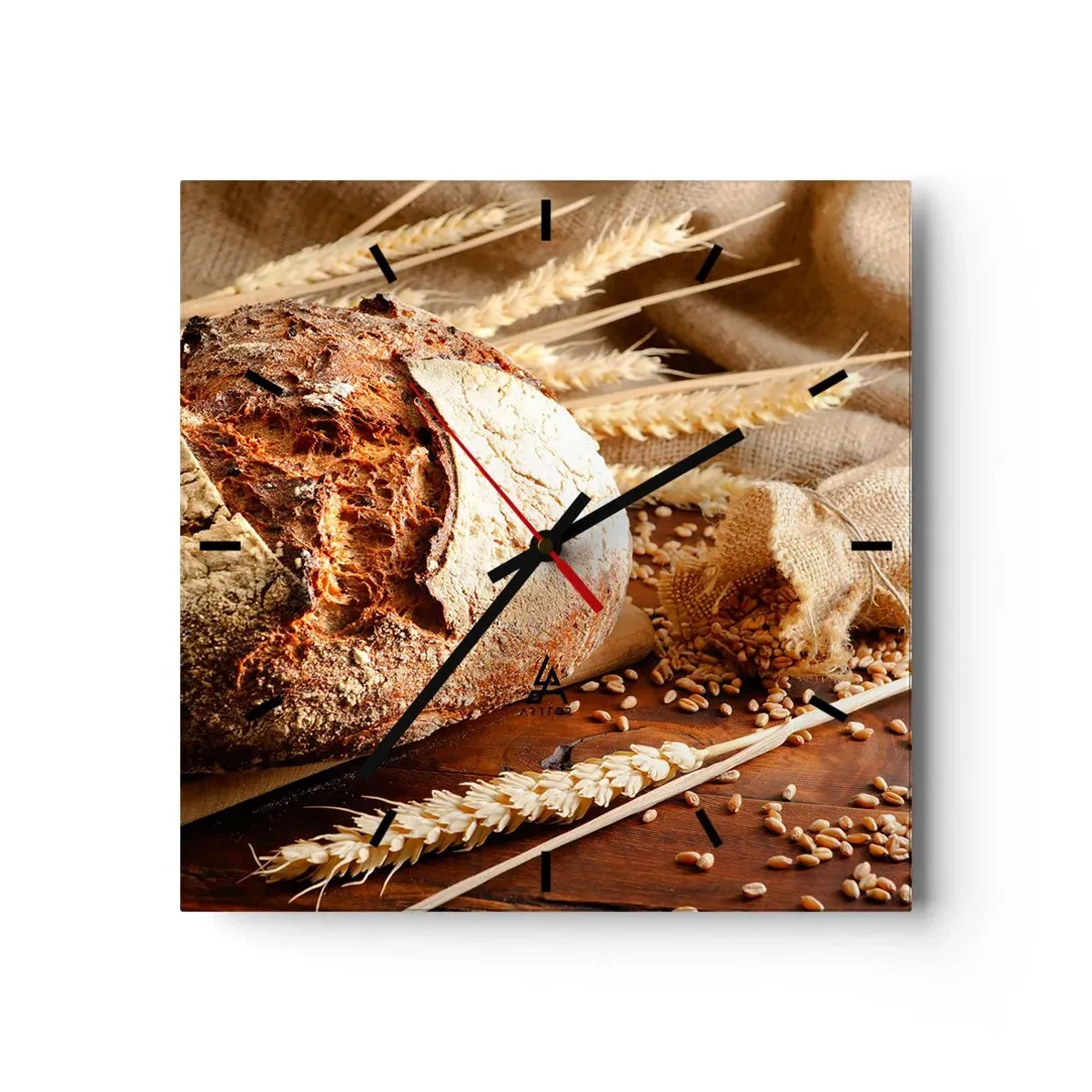 Horloge murale - Pendule murale - Pain croustillant aux céréales et aux épis de blé sur fond de bois - 30x30cm - Appétissant, parfumé, croquant - Décoration murale moderne pour le salon et la chambre ARTTOR