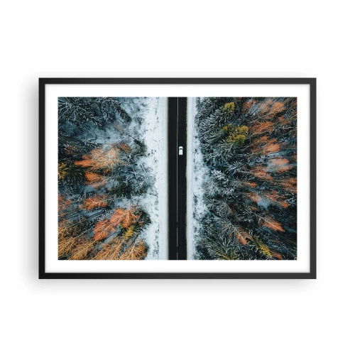 Affiche dans un cadre noir - Poster - Une route à travers une forêt hivernale vue à vol d'oiseau - 70x50cm - Couper à travers la forêt d'hiver - Décoration murale moderne pour le salon et la chambre ARTTOR