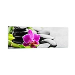 Impression sur verre - Image sur verre - Orchidée violette, pierres noires et bambou dans une composition tranquille - 160x50cm - Dans un équilibre de calme - Décoration murale moderne pour le salon et la chambre ARTTOR