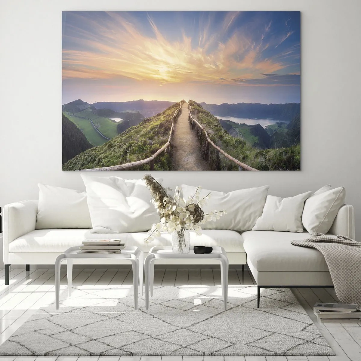 Impression sur verre - Image sur verre - Sentier au sommet d'une colline avec vue sur le coucher du soleil - 100x70cm - Proche du ciel - Décoration murale moderne pour le salon et la chambre ARTTOR