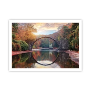 Affiche - Poster - Un pont de pierre dans un paysage d'automne sur une eau calme - 100x70cm - De l'autre cote du miroir - Décoration murale moderne pour le salon et la chambre ARTTOR