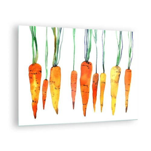 Impression sur verre - Image sur verre - Carottes à l'aquarelle dans différentes nuances d'orange avec des tiges vertes - 70x50cm - La beauté de l'ordinaire - Décoration murale moderne pour le salon et la chambre ARTTOR