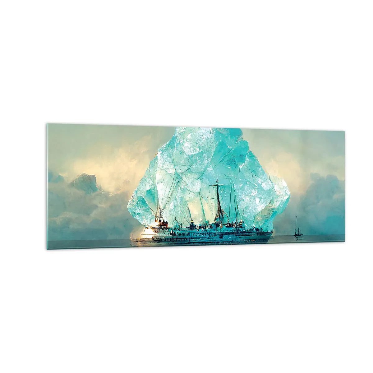 Impression sur verre - Image sur verre - Un navire avec un iceberg majestueux en arrière-plan - 140x50cm - Diamant arctique - Décoration murale moderne pour le salon et la chambre ARTTOR