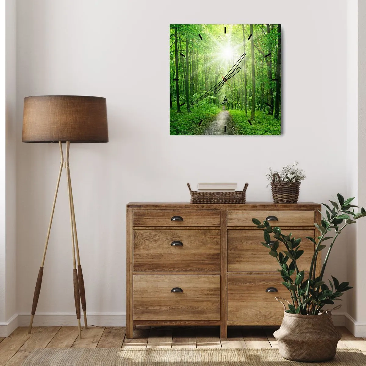 Horloge murale - Pendule murale - Chemin dans la forêt avec les rayons du soleil - 30x30cm - Cathédrale verte - Décoration murale moderne pour le salon et la chambre ARTTOR