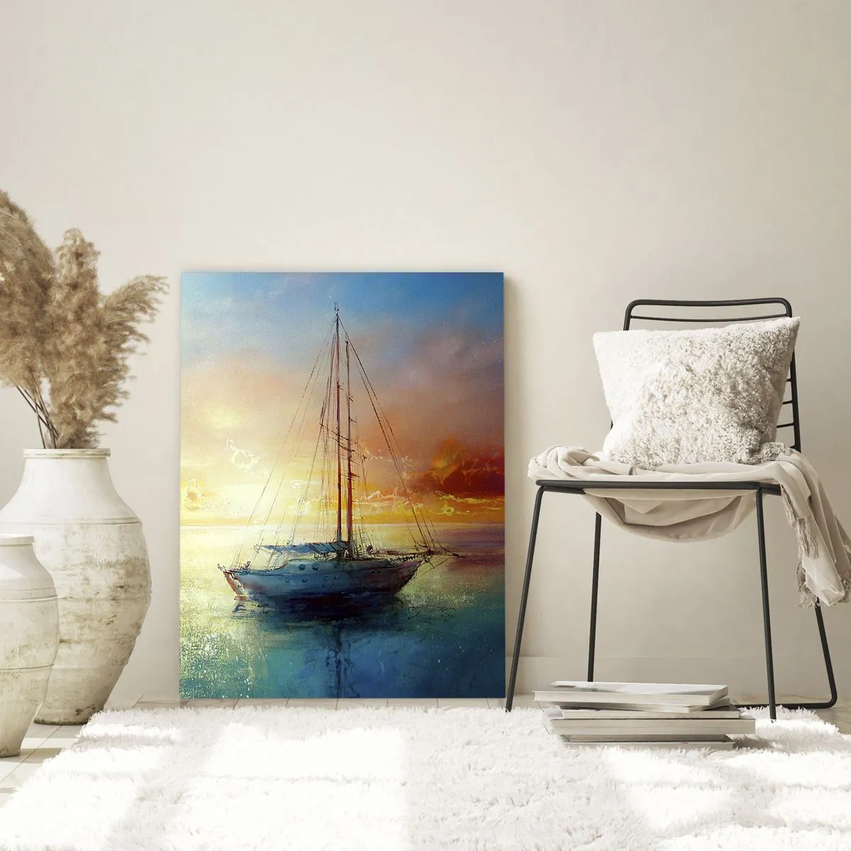 Impression sur verre - Image sur verre - Un voilier sur une mer calme au coucher du soleil doré - 50x70cm - Dans une baie dorée - Décoration murale moderne pour le salon et la chambre ARTTOR