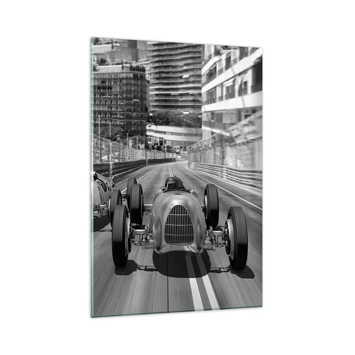 Impression sur verre - Image sur verre - Scène de course automobile rétro monochrome - 80x120cm - Il y a longtemps à Monté Carlo - Décoration murale moderne pour le salon et la chambre ARTTOR
