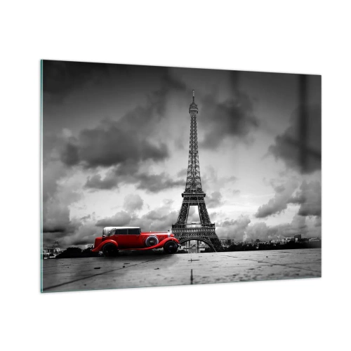 Impression sur verre - Image sur verre - Une voiture rétro rouge avec la Tour Eiffel en arrière-plan dans un décor noir et blanc. - 100x70cm - Il n'y a pas si longtemps à Paris - Décoration murale moderne pour le salon et la chambre ARTTOR