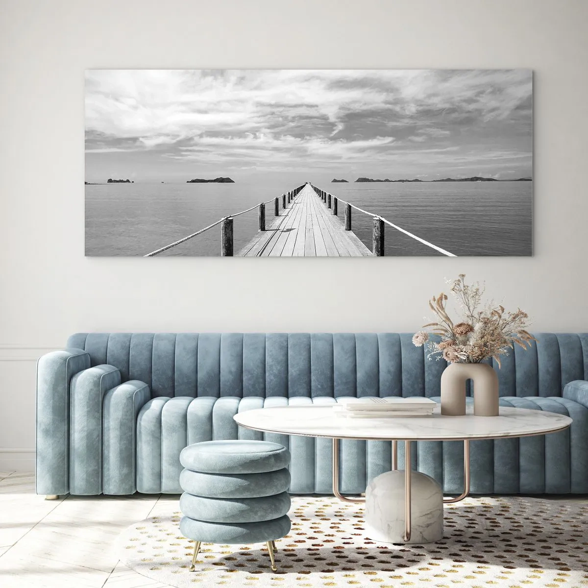 Impression sur verre - Image sur verre - Une jetée en bois menant au loin sur une mer calme - 160x50cm - Et peut-être un voyage... - Décoration murale moderne pour le salon et la chambre ARTTOR