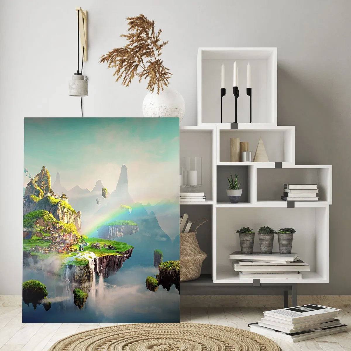 Impression sur verre - Image sur verre - Des îles volantes parmi les nuages avec un arc-en-ciel à l'horizon - 80x120cm - Au milieu des cieux - îles du bonheur - Décoration murale moderne pour le salon et la chambre ARTTOR