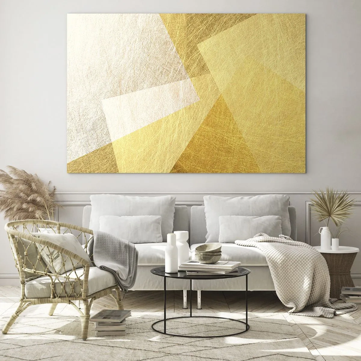 Impression sur verre - Image sur verre - Formes géométriques dorées avec une texture métallique et légère - 70x50cm - Météo géométrique - Décoration murale moderne pour le salon et la chambre ARTTOR