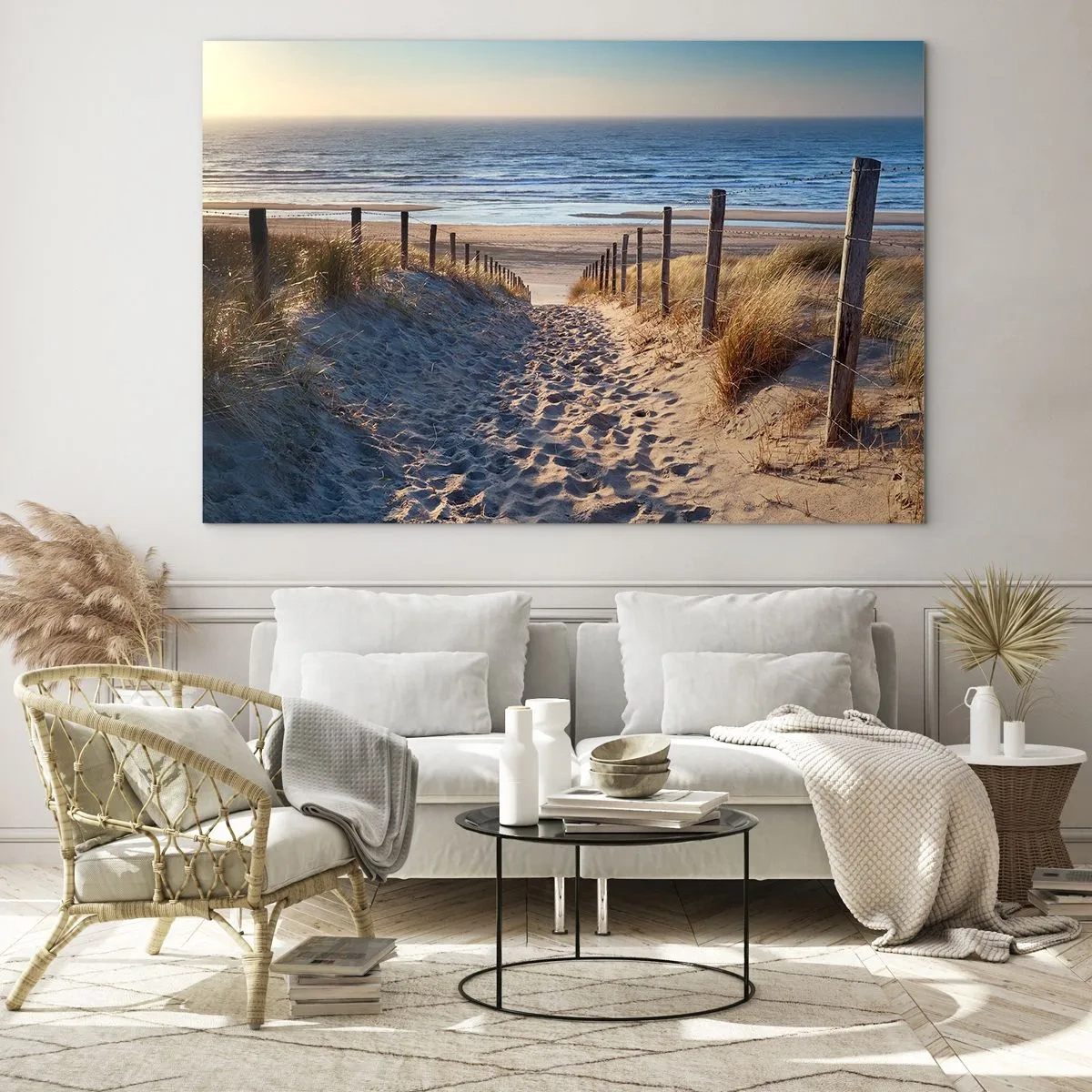 Impression sur verre - Image sur verre - Un chemin à travers les dunes menant à une plage avec une mer calme - 120x80cm - Le bruit de la mer, le chant des oiseaux, une plage sauvage parmi les herbes… - Décoration murale moderne pour le salon et la chambre