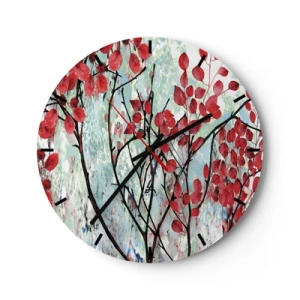 Horloge murale - Pendule murale - Branches avec des feuilles rouges sur un fond peint - 30x30cm - Arbre en écarlate - Décoration murale moderne pour le salon, la cuisine et la chambre ARTTOR