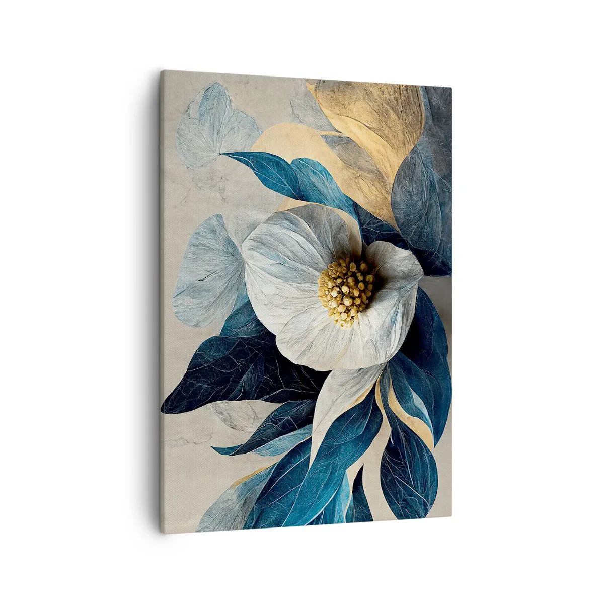 Impression sur toile - Image sur toile - Une fleur aux feuilles bleues sur un fond élégant - 50x70cm - Il a un coeur d'or - Décoration murale moderne pour le salon et la chambre ARTTOR