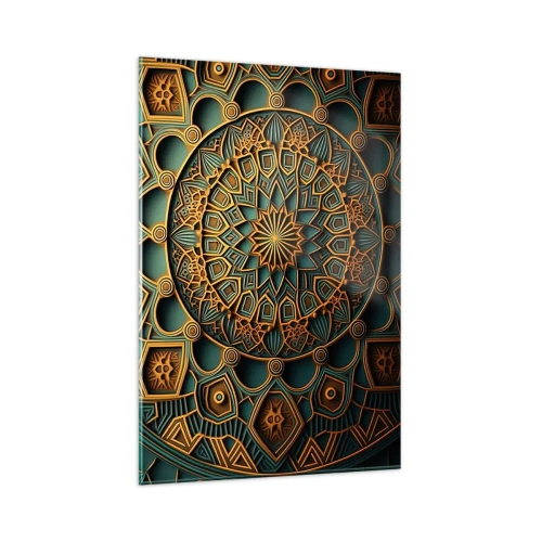 Impression sur verre - Image sur verre - Un mandala doré sur fond turquoise avec des détails riches. - 80x120cm - Dans une ambiance arabe - Décoration murale moderne pour le salon et la chambre ARTTOR