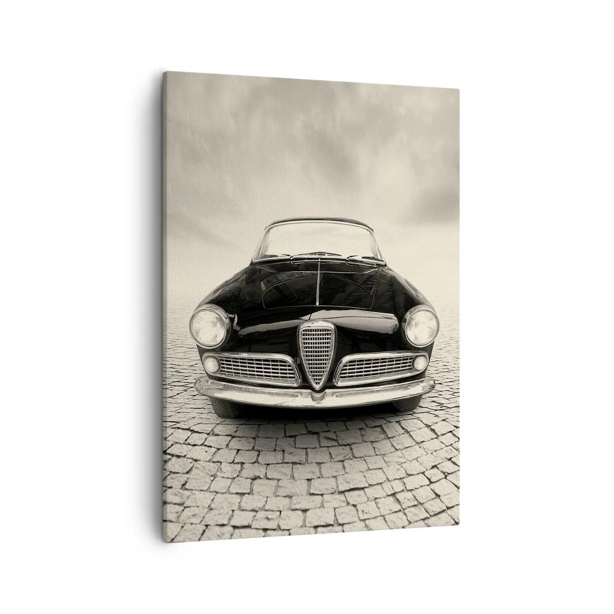 Impression sur toile - Image sur toile - Une voiture classique sur une place pavée dans un style monochrome - 50x70cm - Et alors! Tu ne m'aime pas? - Décoration murale moderne pour le salon et la chambre ARTTOR