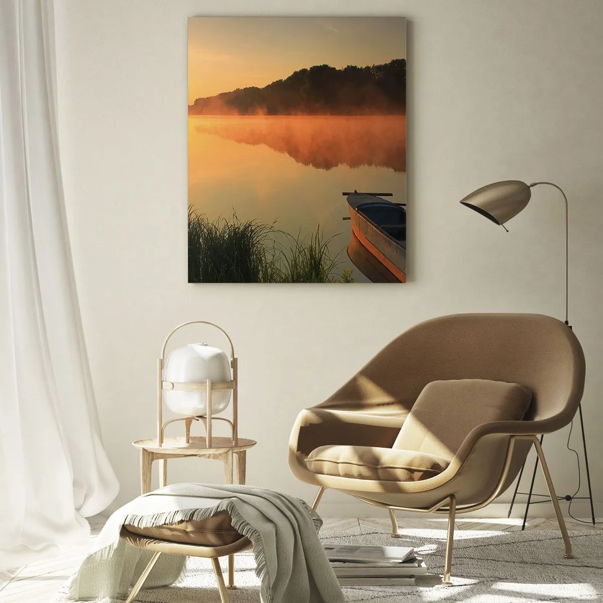 Impression sur verre - Image sur verre - Lever de soleil sur un lac calme avec un bateau sur le rivage - 50x70cm - Lever du soleil sur l'eau comme un miroir - Décoration murale moderne pour le salon et la chambre ARTTOR