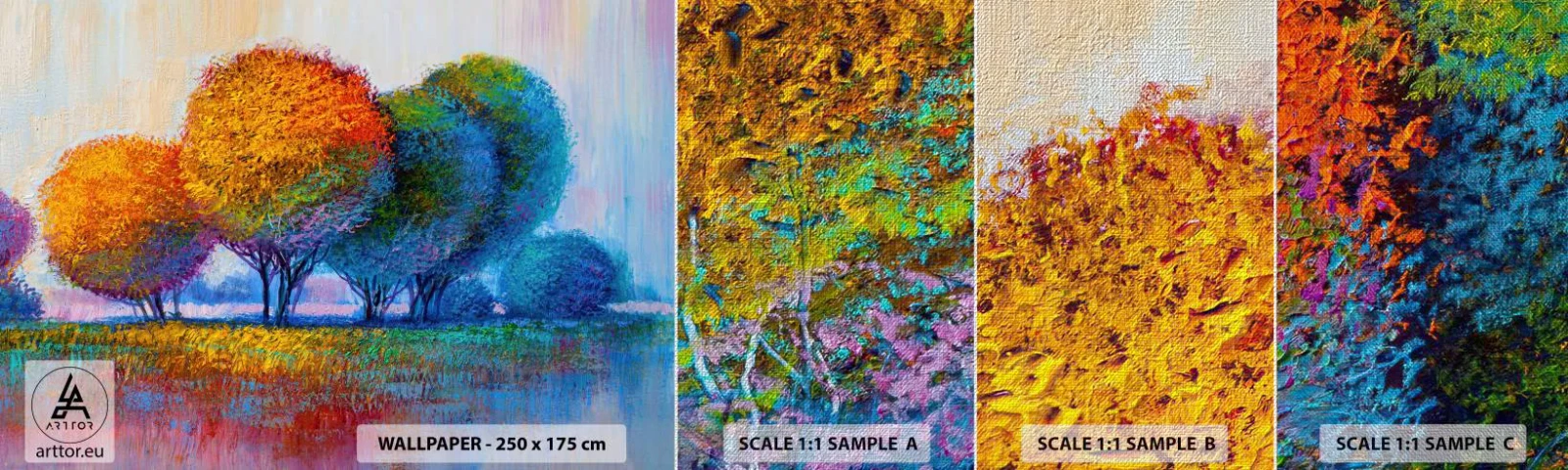 Échantillon de Papier Peint Premium Canvas - Un bouquet de couleurs éclatantes - Abstraction, Paysage, Des arbres - 100x30 cm