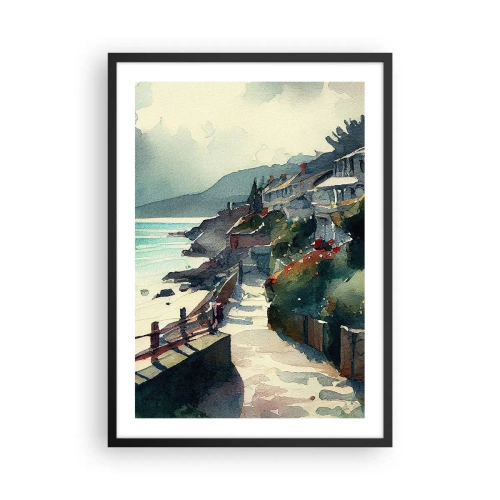 Affiche dans un cadre noir - Poster - Un sentier pittoresque en bord de mer dans un style aquarelle - 50x70cm - Ville méditerranéenne - Décoration murale moderne pour le salon et la chambre ARTTOR