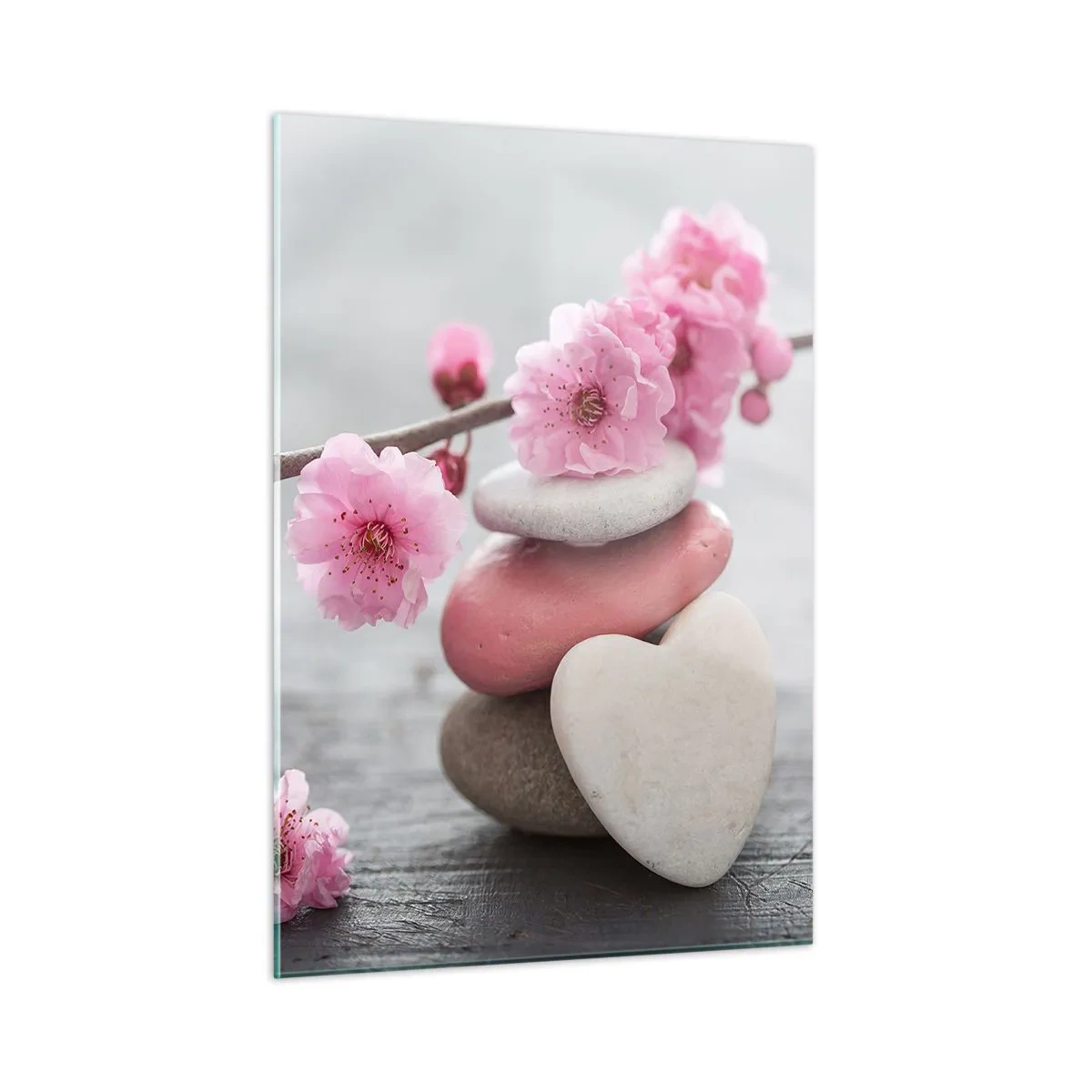 Impression sur verre - Image sur verre - Fleurs de cerisier roses et pierres en forme de cœur - 50x70cm - Le bonheur avec une fleur de cerisier - Décoration murale moderne pour le salon et la chambre ARTTOR