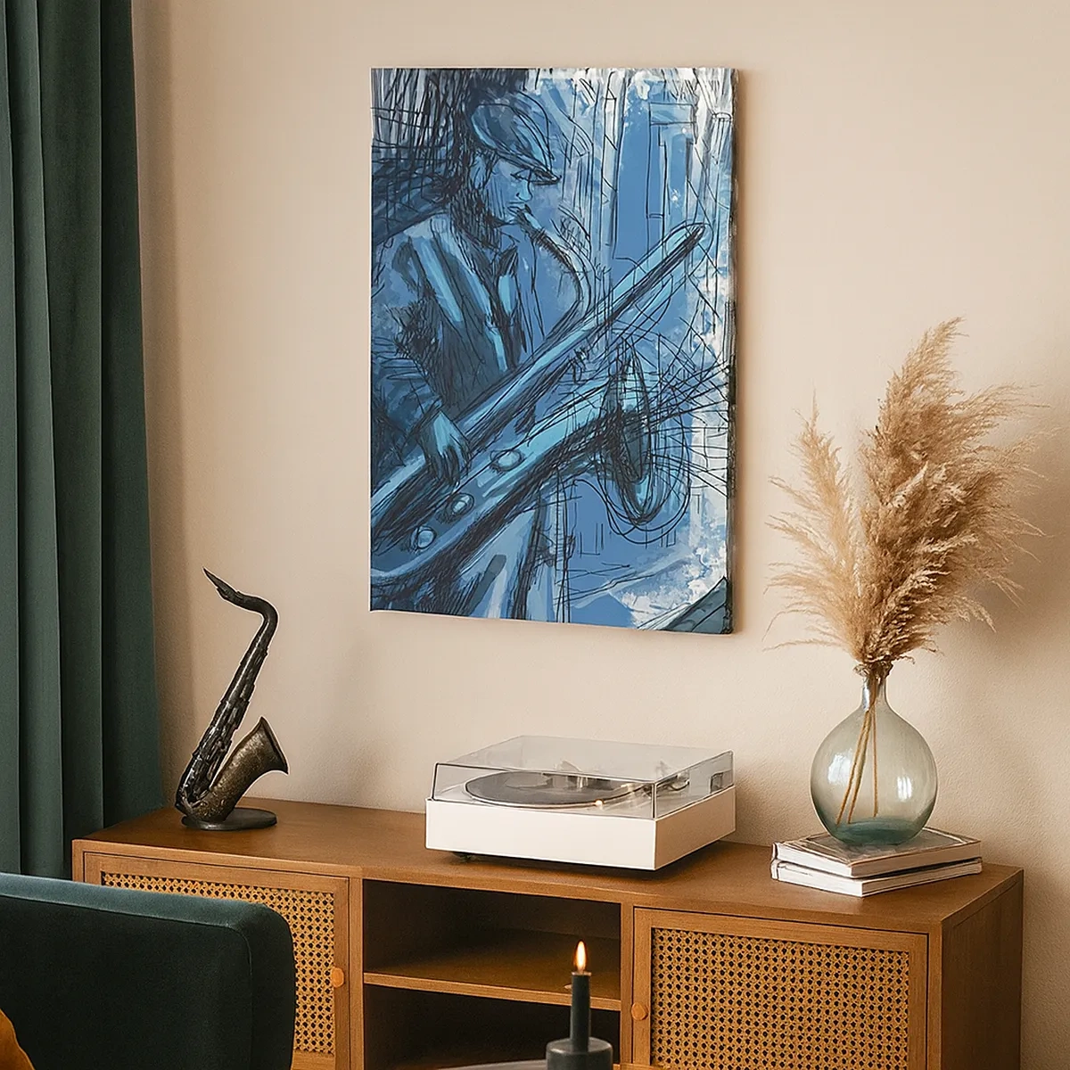 Impression sur toile - Image sur toile - Une silhouette jouant du saxophone sur fond de ville - 50x70cm - Rhapsodie urbaine - Décoration murale moderne pour le salon et la chambre ARTTOR