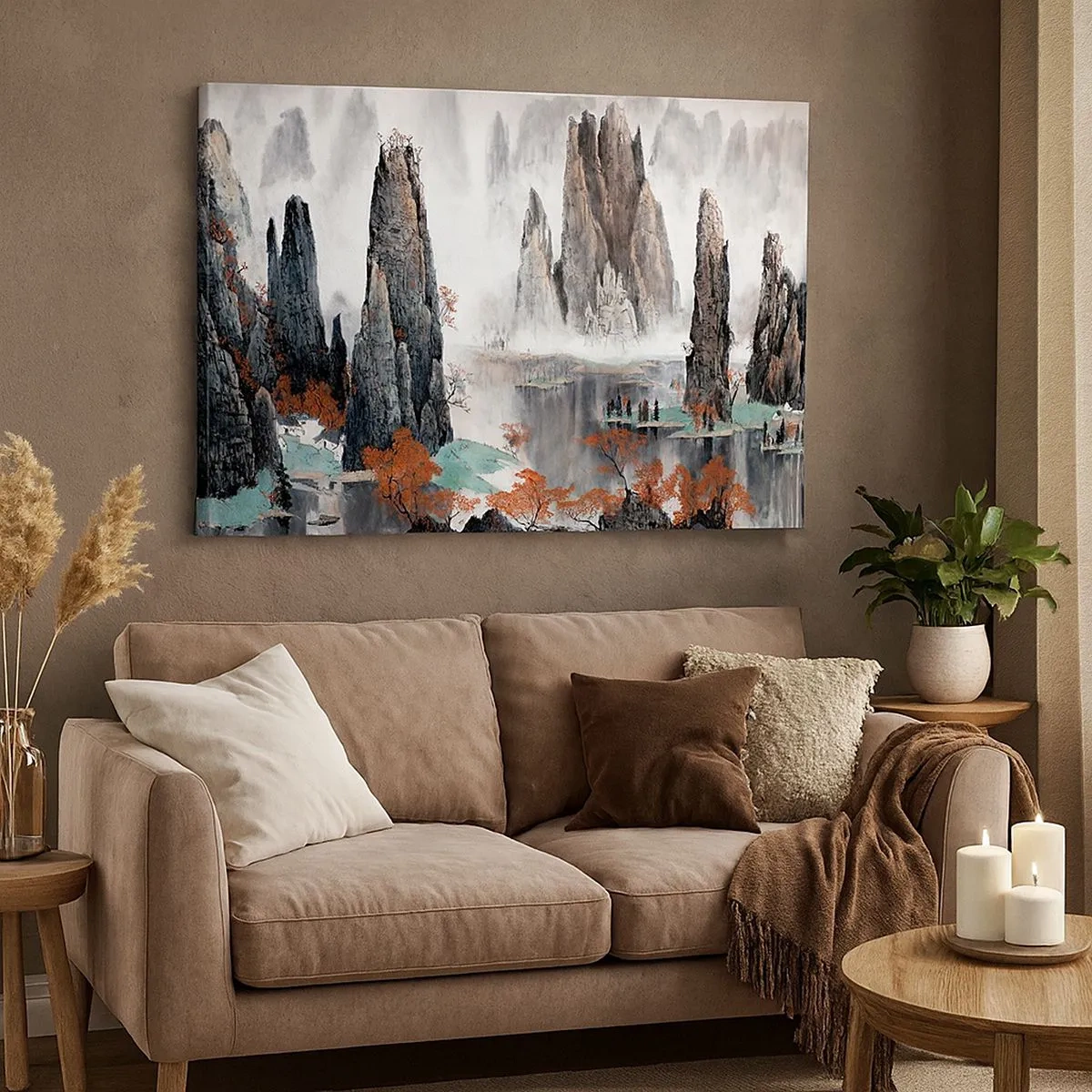 Impression sur toile - Image sur toile - Rochers et arbres pittoresques dans le paysage brumeux de la Chine - 70x50cm - De puissants gardiens - Décoration murale moderne pour le salon et la chambre ARTTOR
